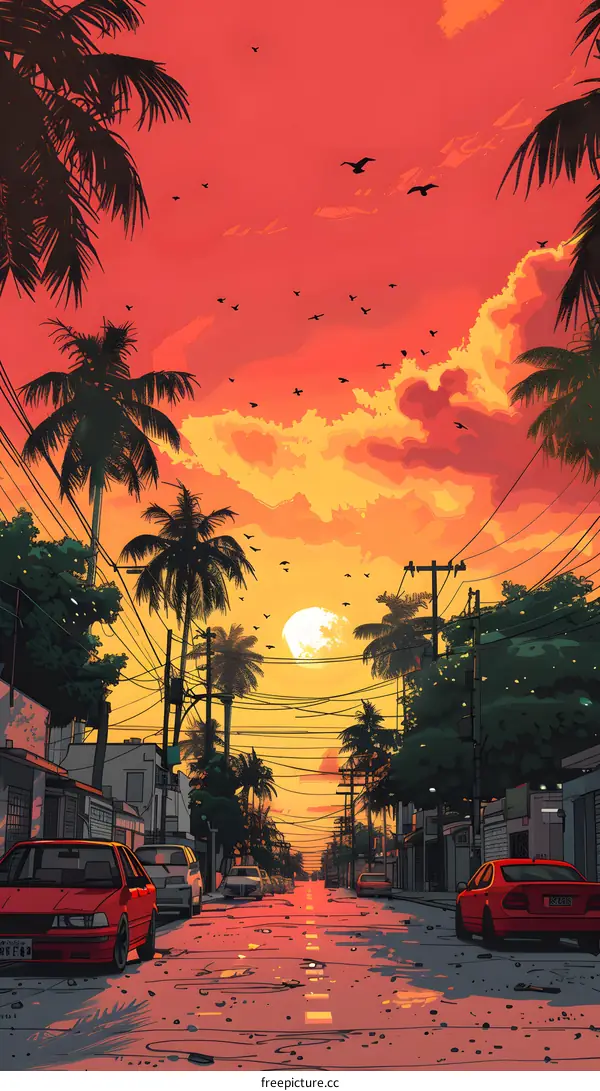 Sunset Cityscape with Palm Trees and Birds