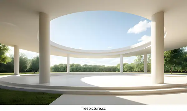 Modern Minimalist Architecture with Circular Design and Green Trees