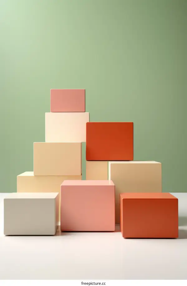 3D rendering of a stack of boxes in pastel colors against a green background