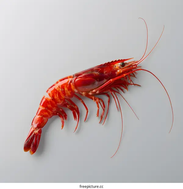 Single red shrimp on gray background