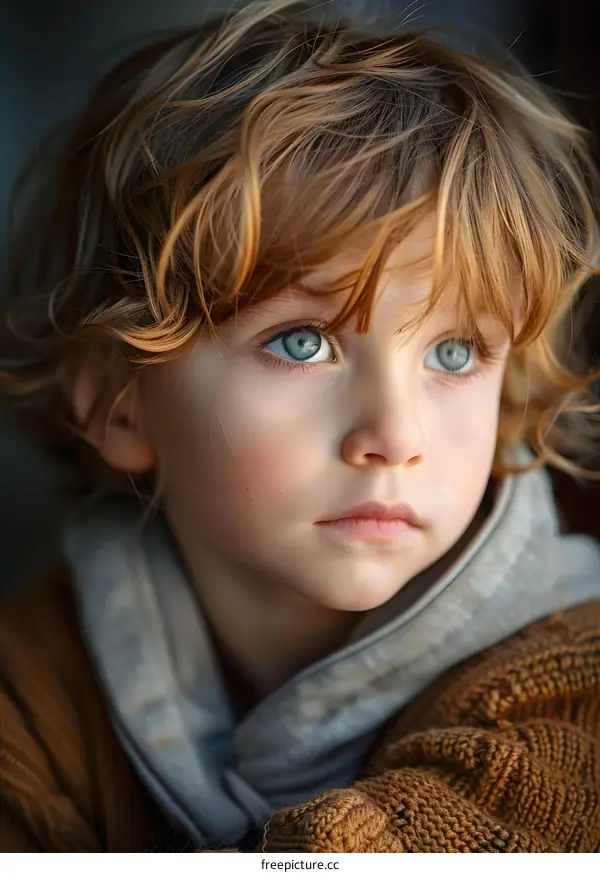 Portrait of a Young Boy with Curly Red Hair and Blue Eyes