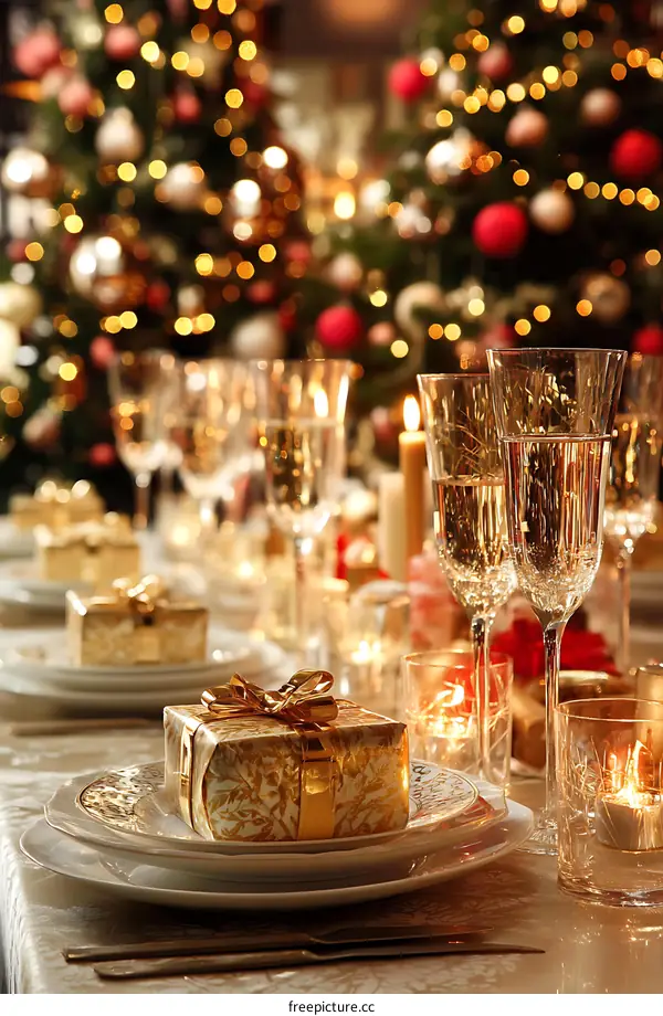 Christmas Dinner Table Setting with Gifts