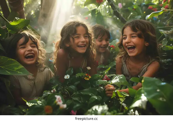 Four happy children playing in the forest