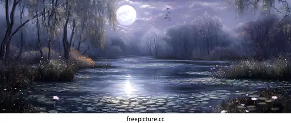 Moonlit Night Over a Pond with Water Lilies and Birds