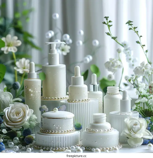 Still life of a variety of skincare products with white flowers and pearls