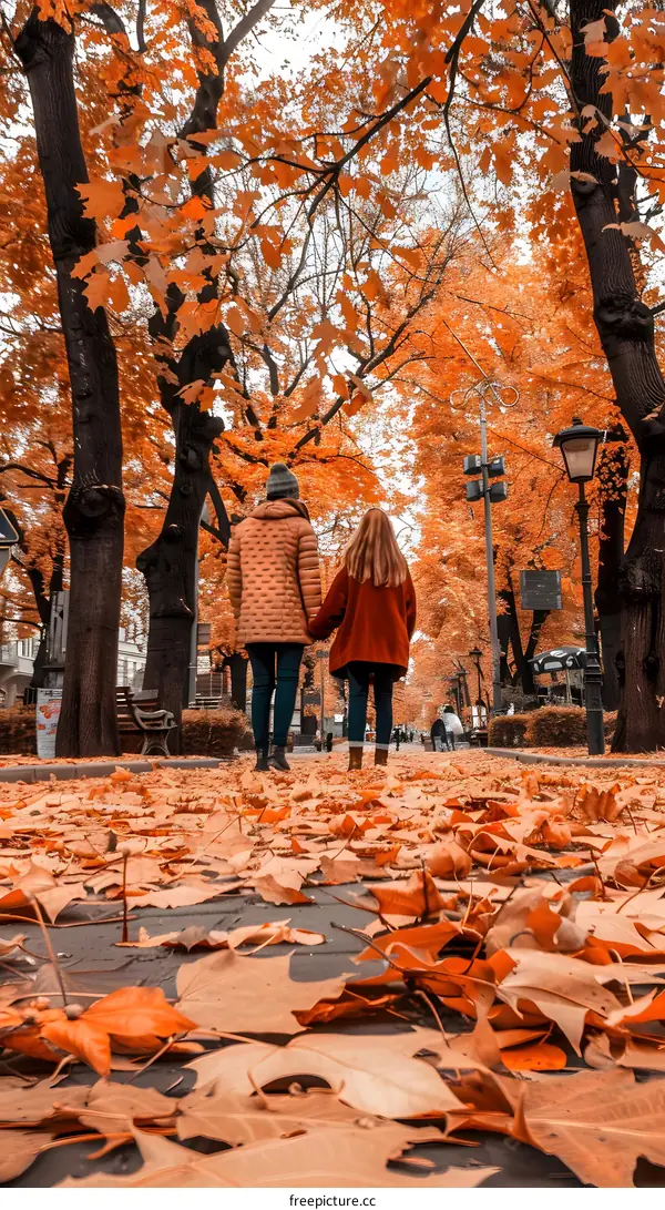 Two Women Walking Through Autumn Leaves