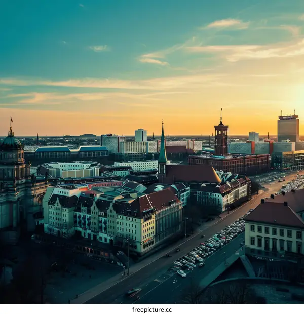 Stunning sunset view of cityscape with river and bridge