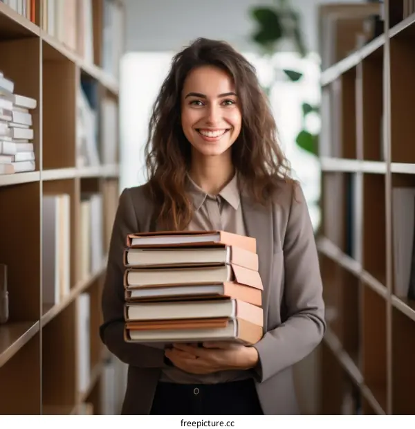 A young woman standing in a library holding a stack of books