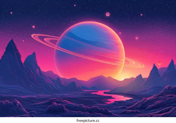 Ringed Planet and Mountain Valley Landscape
