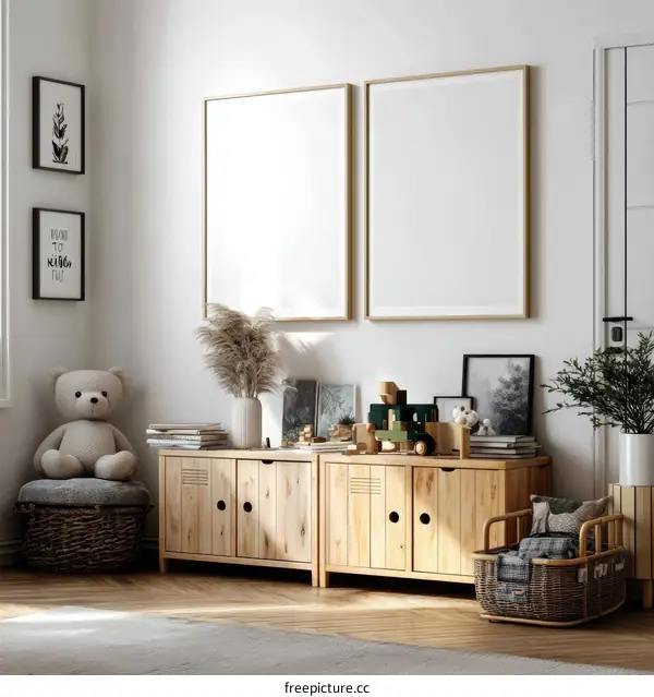 Cozy Childrens Room with Wooden Furniture and Blank Posters