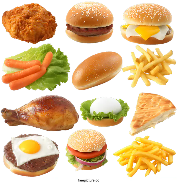 [Transparent Background PNG]Fast Food Collage With Hamburger, Chicken, French Fries And Egg