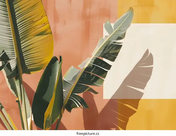 Green Tropical Leaves Against a Colorful Wall