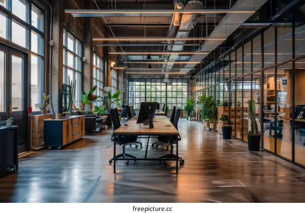 Modern Office Interior with Natural Light, Plants, and a Long Table