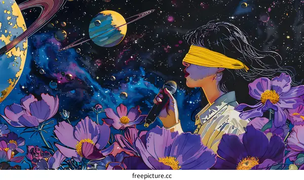 A woman singing in a field of flowers with planets in the background