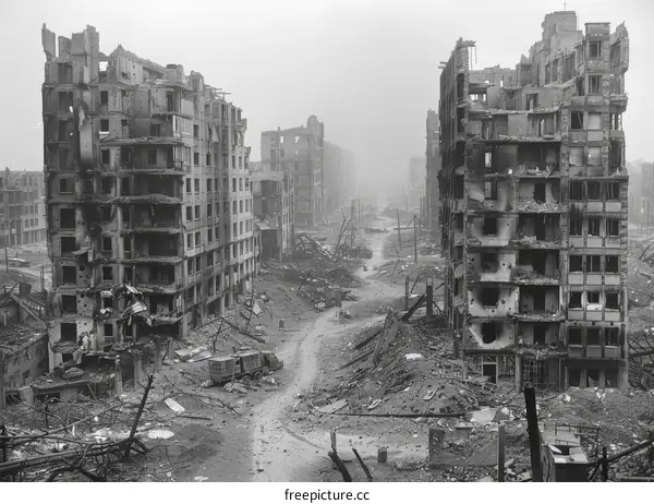 Post-apocalyptic city street with ruined buildings