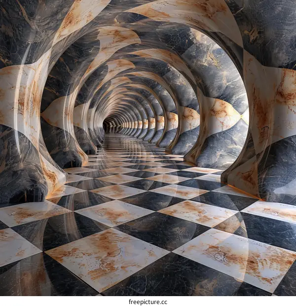 Abstract 3D Illustration Of Checkered Floor And Curved Tunnel