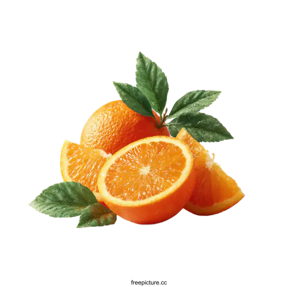 [Transparent Background PNG]Freshly Sliced Oranges with Leaves