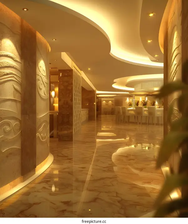Luxury Hotel Lobby Interior Design With Marble Floor And Golden Lighting
