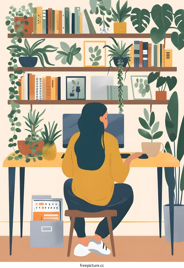 Woman Working From Home with Plants
