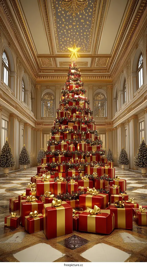 Grand Christmas Tree Decorated with Gifts in a Palace Hall