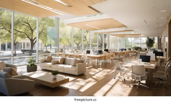 Modern office space with large windows and wooden furniture