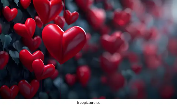 Red heart balloons hanging from a dark blue background.