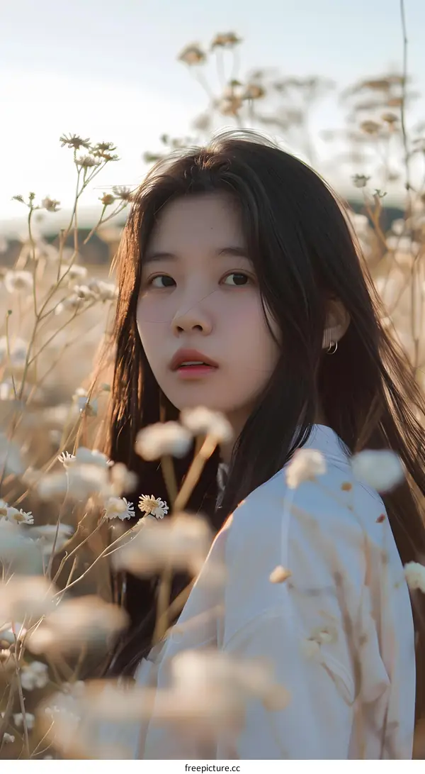 Young Asian Woman Posing In A Field Of Flowers
