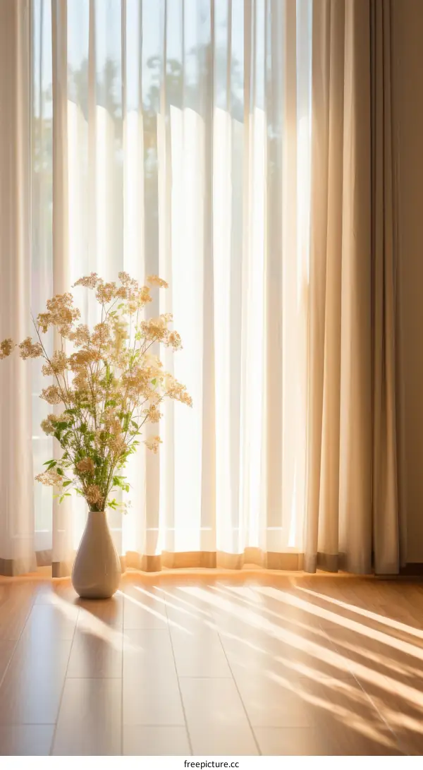 Sunlight shining through a sheer curtain onto the floor
