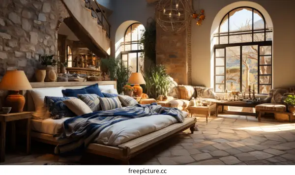 Rustic Stone Bedroom with Arch Windows and Large Bed