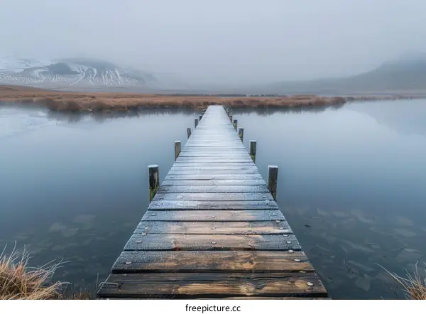 Wooden Dock Extending into a Calm Lake with Mountains in the Distance