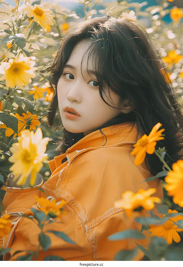 Young Woman in Yellow Jacket Posing in a Field of Yellow Flowers