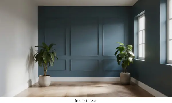 Modern room with blue wall and two potted plants