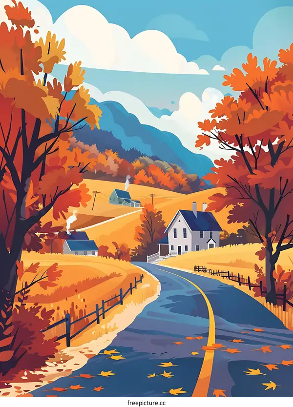Autumn Landscape with Country Road and Houses