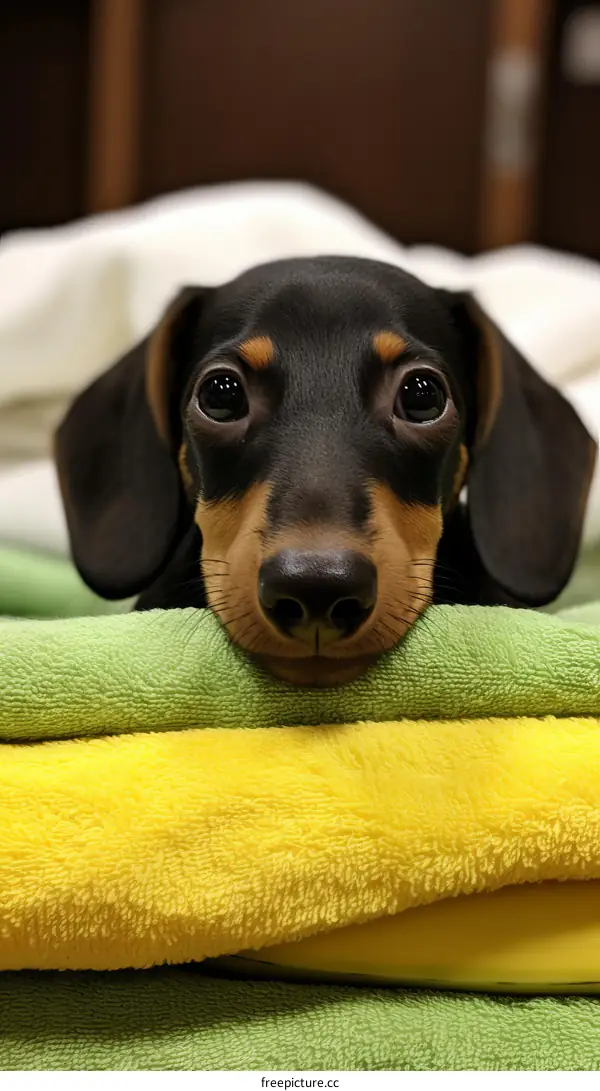 A dachshund puppy dog with big eyes staring at the camera