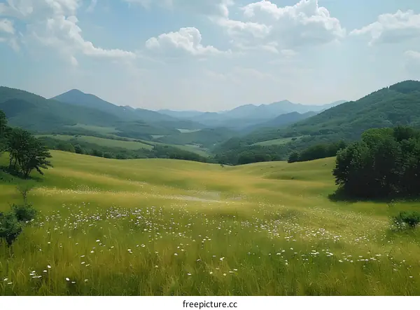 Mountain Meadow with Rolling Hills and Blue Sky