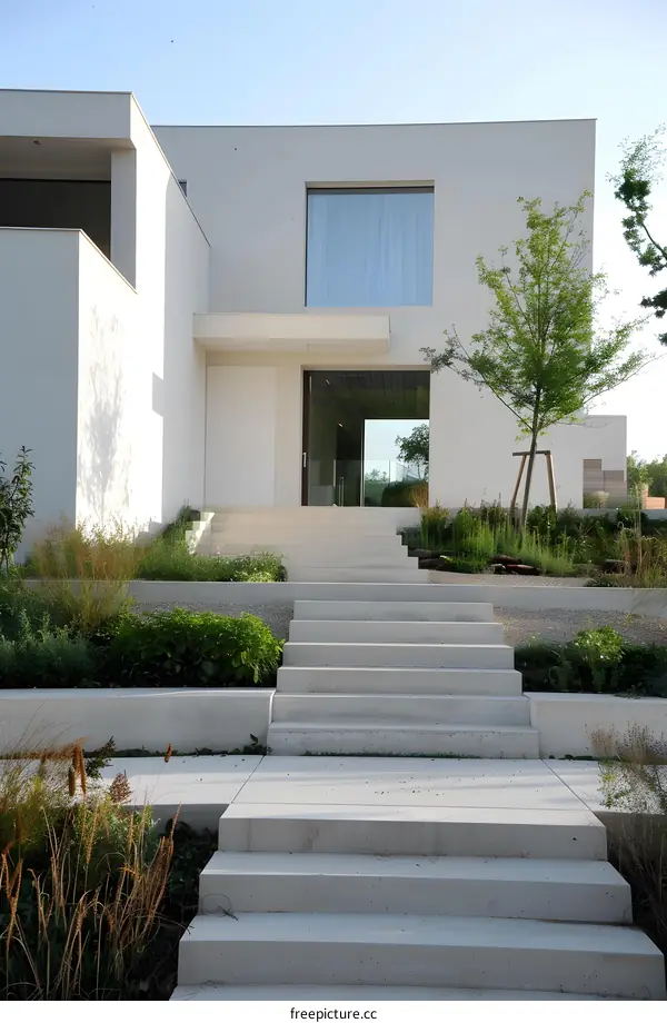 Modern Minimalist Home Exterior with Concrete Steps and Landscaping