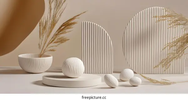 Minimalist Still Life with White Objects and Dried Grass