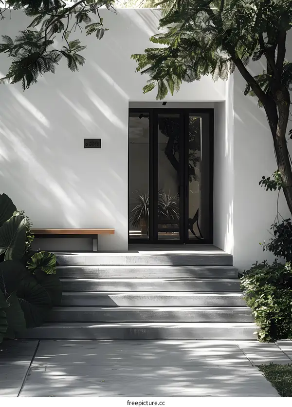 Modern White House Exterior with Black Door and Steps