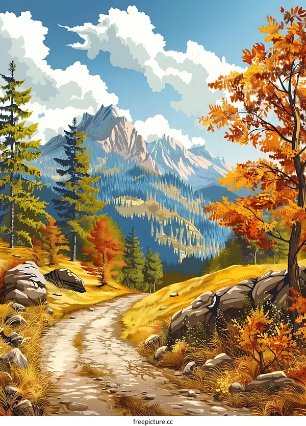 Mountain Path with Autumn Colors and Clouds