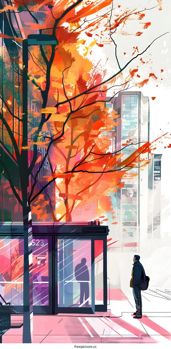 Autumn Leaves and City Buildings Illustration