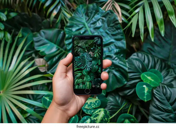 Hand Holding Smartphone With Green Leaves Background
