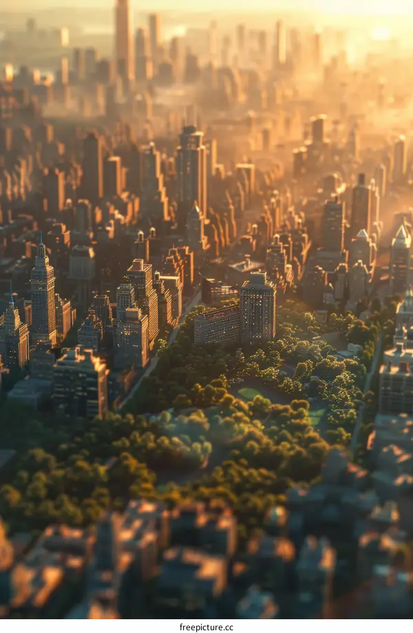 Golden Hour City Skyline over Lush Green Park