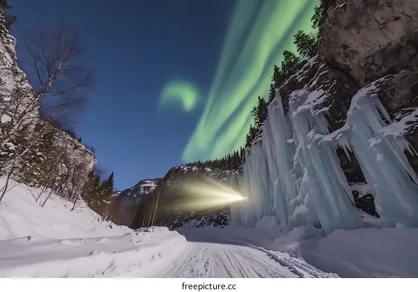 Aurora Borealis Over Snowy Mountain Pass in Winter