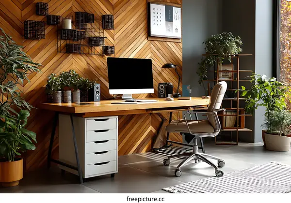 Modern Wooden Home Office with Plants and Computer