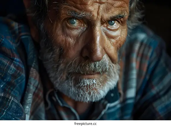 Portrait of an old man with a beard and blue eyes