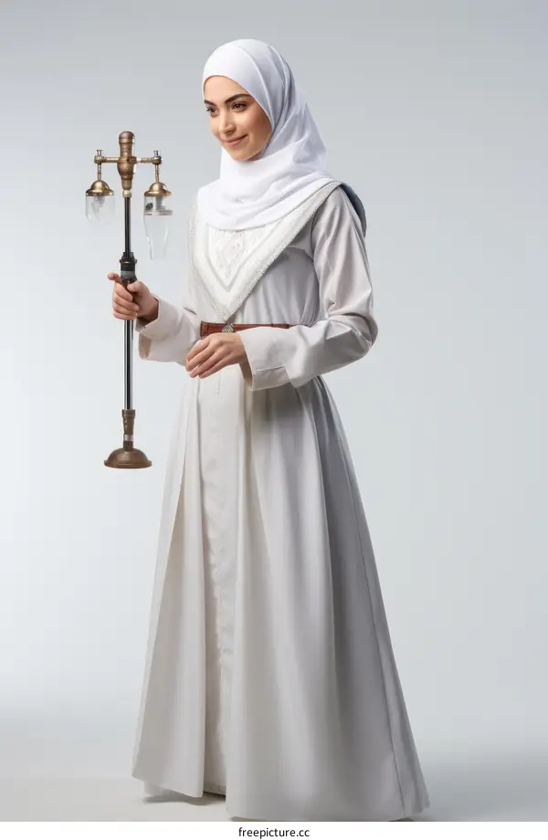 A young woman wearing a hijab and a white dress is holding a lamp.