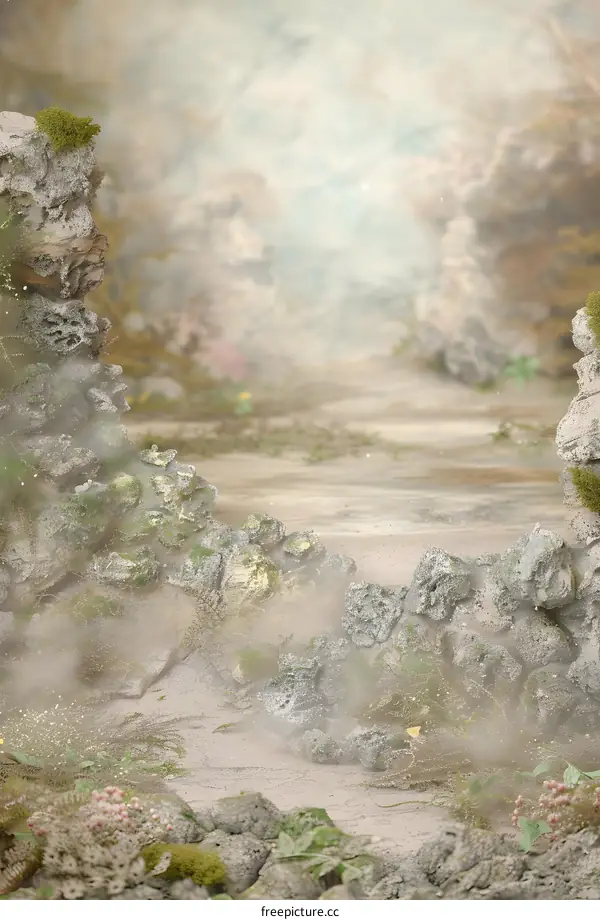 Fantasy Landscape with Misty Forest and Stone Walls