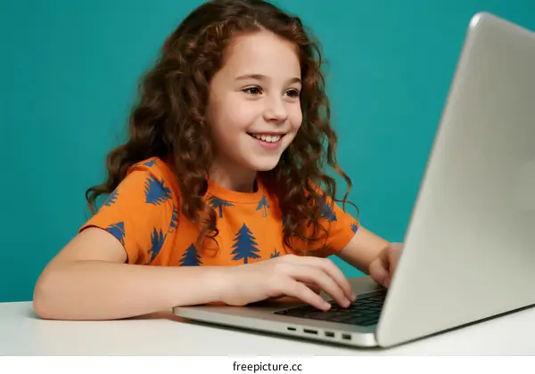 Little girl with curly hair using laptop for learning