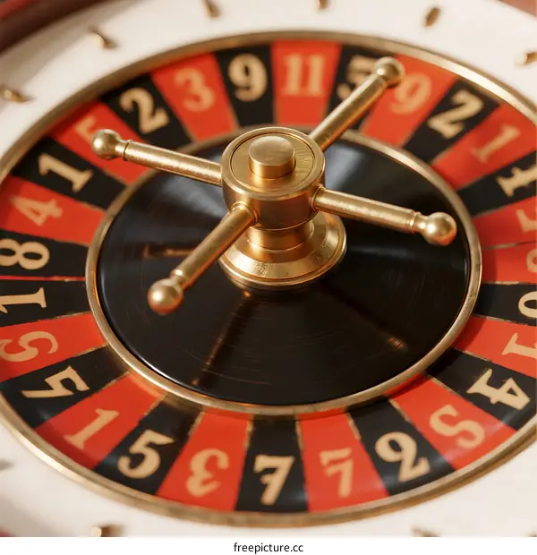 Close-up of a classic casino roulette wheel with red and black numbers