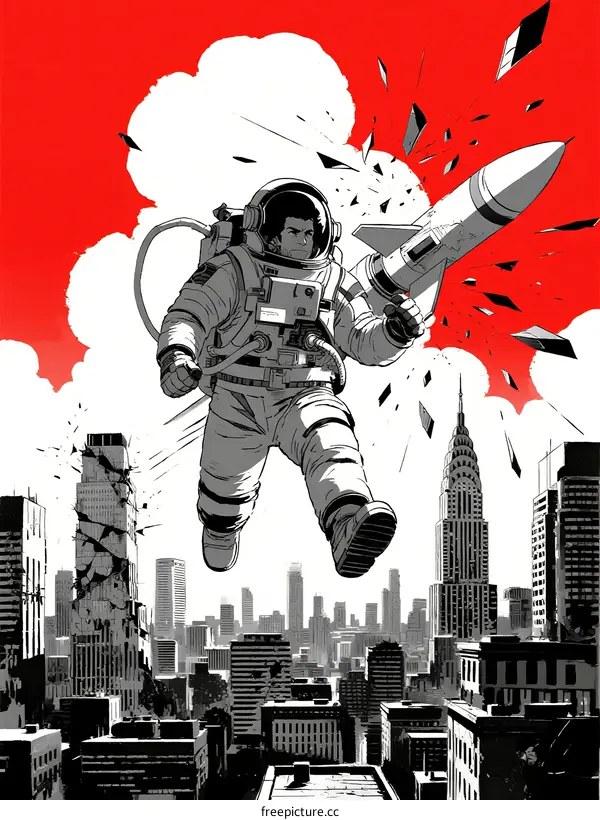 Astronaut Flying with Exploding Rocket Over Urban Skyline